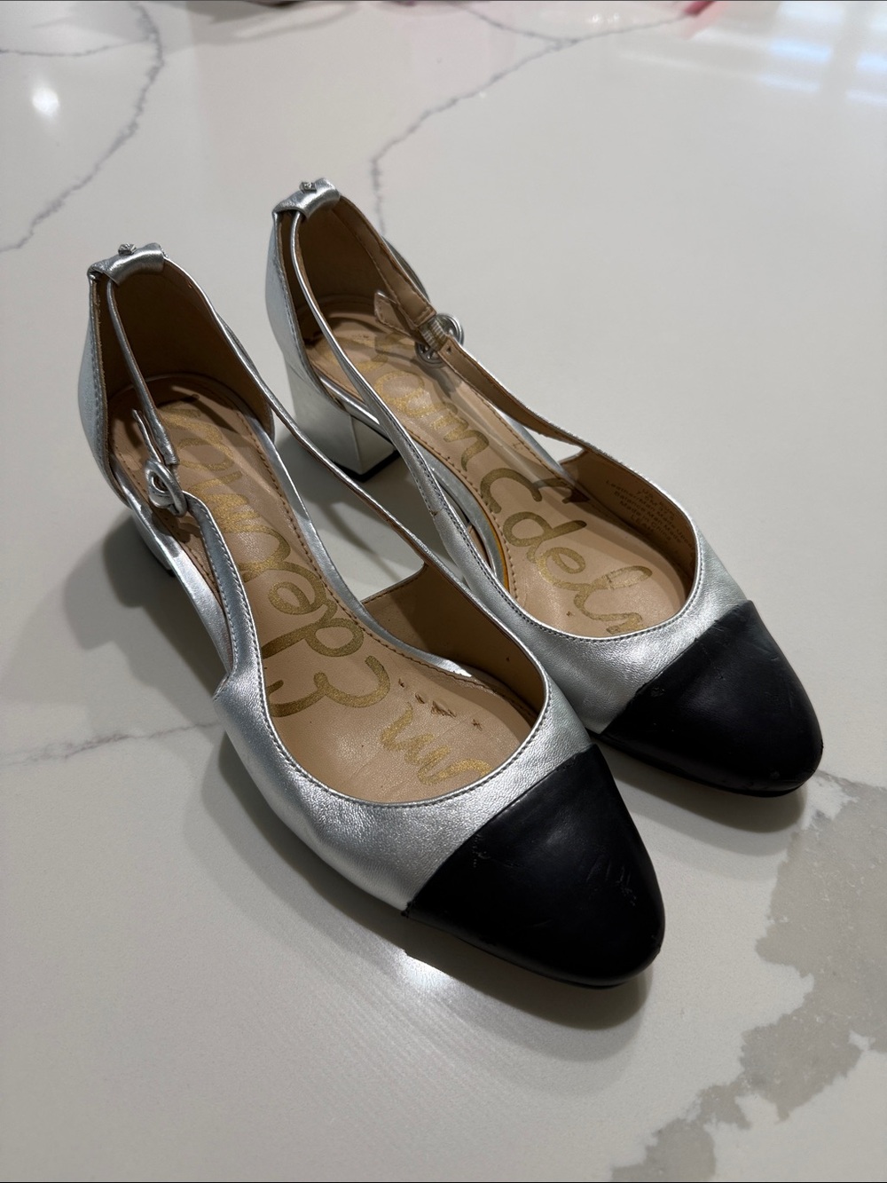 Sam Edelman Silver and Black Slingback Block Heel Pumps